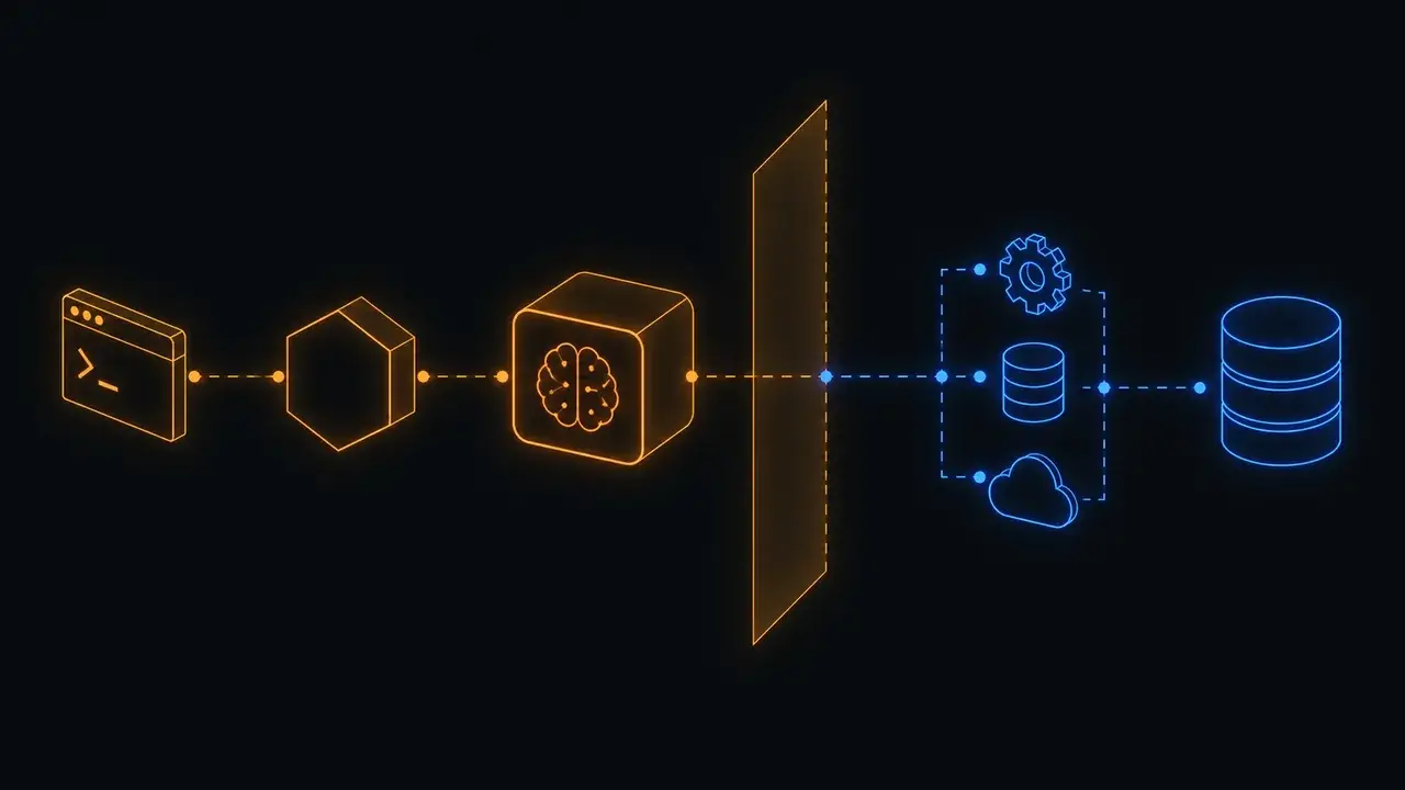 A request flows left to right through a terminal, a gateway and a language model, then crosses a vertical boundary plane to reach a gear, a database and a cloud, and finally a storage stack. Everything before the boundary is amber; everything after it is blue.