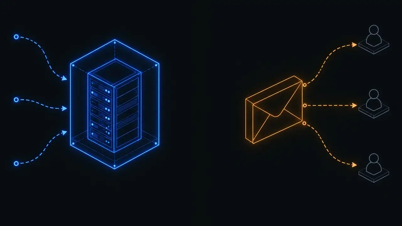 Split composition. On the left, a server rack inside a glowing shield with three arrows curving inward toward it. On the right, an envelope with three arrows radiating outward toward three human figures.