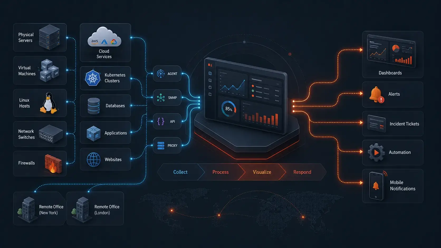 Enterprise monitoring architecture showing infrastructure data flowing into a central monitoring platform and producing dashboards, alerts, tickets, and automation.