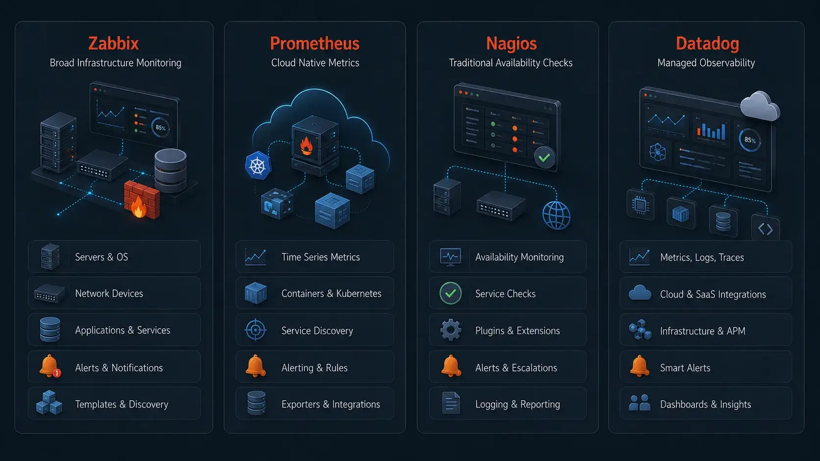 Visual comparison of Zabbix, Prometheus, Nagios, and Datadog monitoring approaches.