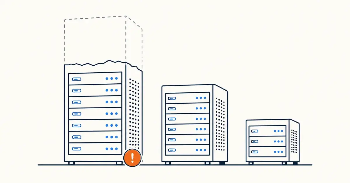 Illustration of three server racks of descending size; the largest is cracked across the top and the portion above the crack has faded into a dashed outline, with an orange alert badge at its base.