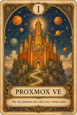 PROXMOX VE — Proxmox Tarot card 1 of 100. Illustration: a citadel on the hill, small worlds in orbit.