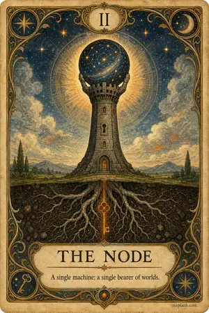 THE NODE — Proxmox Tarot card 2 of 100. Illustration: a lone tower holding a starry sphere aloft.