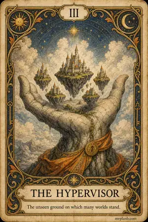 THE HYPERVISOR — Proxmox Tarot card 3 of 100. Illustration: a giant stone hand bearing floating islands.