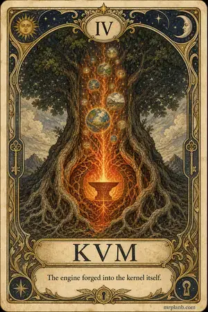 KVM — Proxmox Tarot card 4 of 100. Illustration: a forge-heart burning inside the great tree's roots.