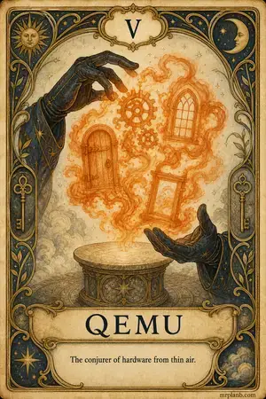 QEMU — Proxmox Tarot card 5 of 100. Illustration: a conjurer assembling ghostly gears from smoke.