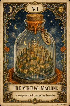 THE VIRTUAL MACHINE — Proxmox Tarot card 6 of 100. Illustration: a lit city sealed in a corked bottle.