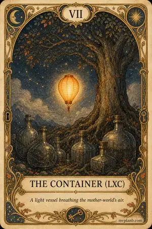 THE CONTAINER (LXC) — Proxmox Tarot card 7 of 100. Illustration: a paper lantern floating among heavy glass bottles.