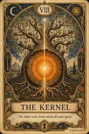 THE KERNEL — Proxmox Tarot card 8 of 100. Illustration: the glowing core ring of an ancient tree.