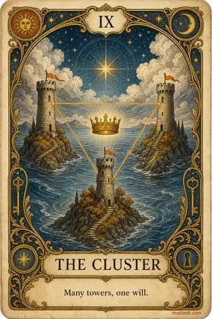 THE CLUSTER — Proxmox Tarot card 9 of 100. Illustration: three towers bound by a golden thread triangle.