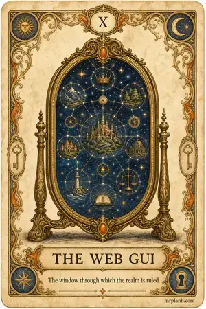 THE WEB GUI — Proxmox Tarot card 10 of 100. Illustration: an ornate mirror-window showing the realm as constellations.