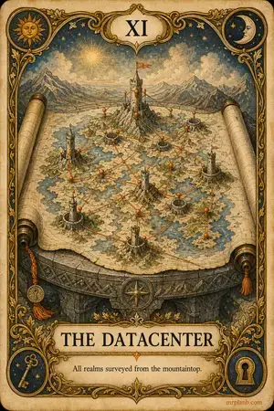 THE DATACENTER — Proxmox Tarot card 11 of 100. Illustration: a map unrolled on a stone table, towers pinned across it.