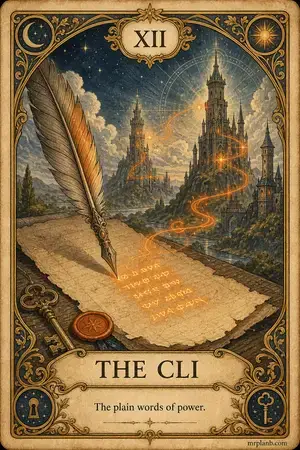 THE CLI — Proxmox Tarot card 12 of 100. Illustration: a quill writing runes that distant towers obey.