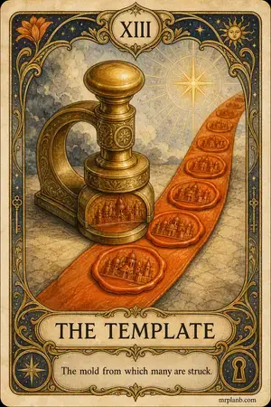 THE TEMPLATE — Proxmox Tarot card 13 of 100. Illustration: a seal-press stamping identical wax cities.