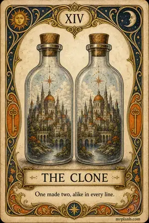 THE CLONE — Proxmox Tarot card 14 of 100. Illustration: twin bottles, mirror-image cities inside.
