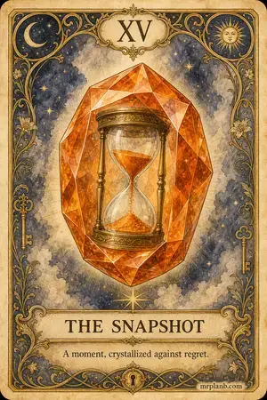 THE SNAPSHOT — Proxmox Tarot card 15 of 100. Illustration: an hourglass frozen mid-pour inside a gem.