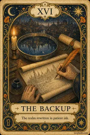 THE BACKUP — Proxmox Tarot card 16 of 100. Illustration: a scribe copying a city's reflection onto a scroll.