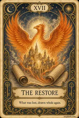 THE RESTORE — Proxmox Tarot card 17 of 100. Illustration: a phoenix rising from an unrolled scroll.