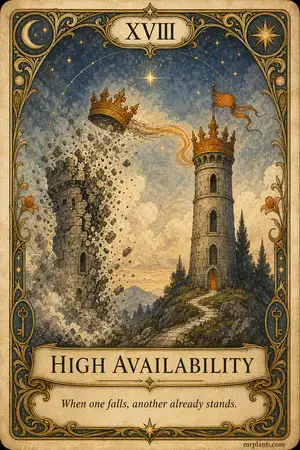 HIGH AVAILABILITY — Proxmox Tarot card 18 of 100. Illustration: a crumbling tower's crown drifting to its neighbor.