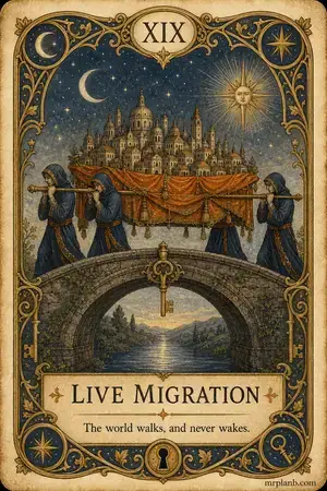 LIVE MIGRATION — Proxmox Tarot card 19 of 100. Illustration: a sleeping city carried across a bridge on a silk litter.