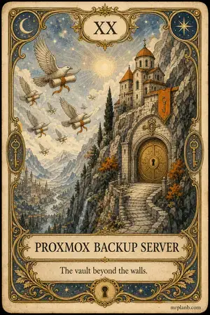 PROXMOX BACKUP SERVER — Proxmox Tarot card 20 of 100. Illustration: a mountain monastery receiving scroll-birds.