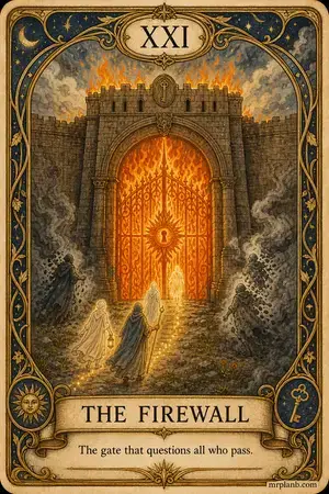 THE FIREWALL — Proxmox Tarot card 21 of 100. Illustration: a flaming gate; some lights pass, some turn to smoke.