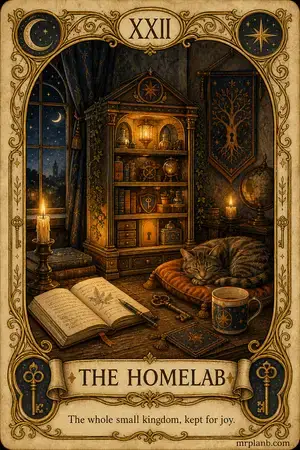 THE HOMELAB — Proxmox Tarot card 22 of 100. Illustration: a candlelit study, a tiny glowing rack, a sleeping cat.