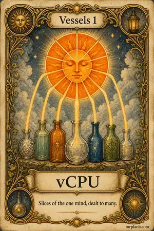 vCPU — Proxmox Tarot card 23 of 100. Illustration: an orange sun divided into rays, poured into bottles.