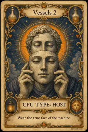 CPU TYPE: HOST — Proxmox Tarot card 24 of 100. Illustration: a mask identical to the face beneath it.