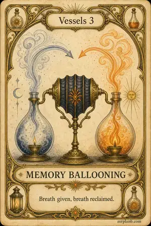 MEMORY BALLOONING — Proxmox Tarot card 25 of 100. Illustration: bellows between two vessels, flames rising and falling.