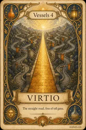 VIRTIO — Proxmox Tarot card 26 of 100. Illustration: a golden road bypassing a tangle of toll-gated paths.