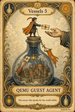 QEMU GUEST AGENT — Proxmox Tarot card 27 of 100. Illustration: a tiny herald at the bottle's neck, passing notes.