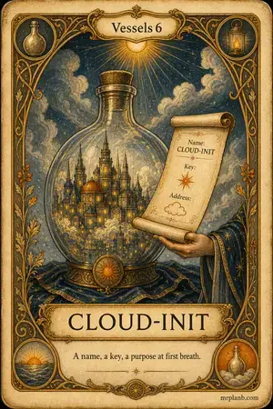 CLOUD-INIT — Proxmox Tarot card 28 of 100. Illustration: a newborn city receiving its identity scroll.