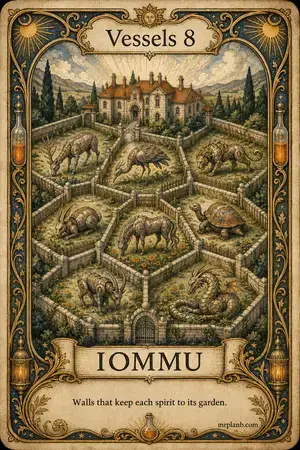 IOMMU — Proxmox Tarot card 30 of 100. Illustration: fenced garden plots, one creature grazing in each.
