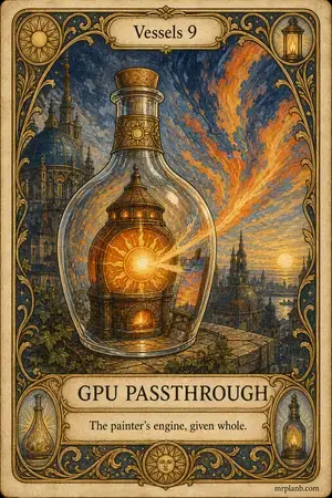 GPU PASSTHROUGH — Proxmox Tarot card 31 of 100. Illustration: a sun-forge inside a bottle, painting the city's sky.