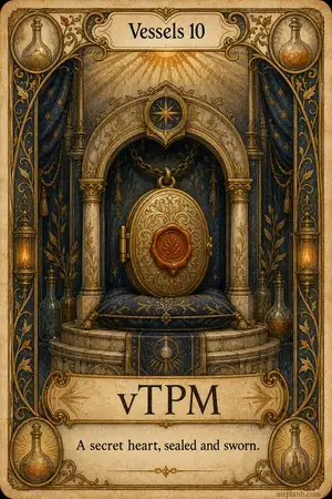 vTPM — Proxmox Tarot card 32 of 100. Illustration: a sealed locket in the city's shrine.