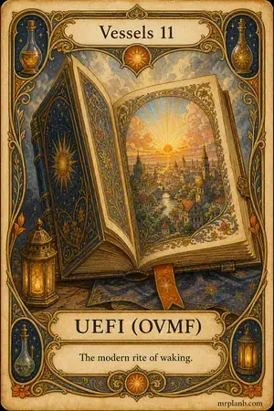 UEFI (OVMF) — Proxmox Tarot card 33 of 100. Illustration: an illuminated book opening to a sunrise page.