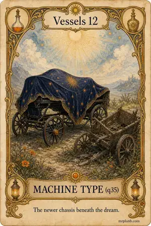 MACHINE TYPE (q35) — Proxmox Tarot card 34 of 100. Illustration: a sleek carriage frame beside an abandoned cart.