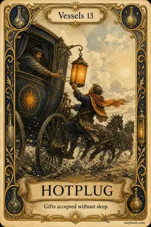 HOTPLUG — Proxmox Tarot card 35 of 100. Illustration: a lantern hung onto a moving carriage.