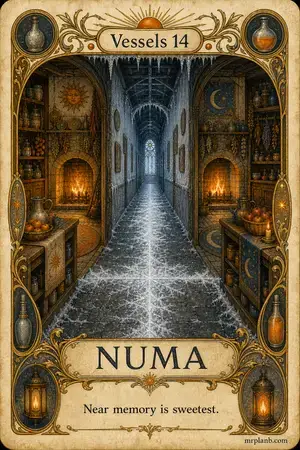 NUMA — Proxmox Tarot card 36 of 100. Illustration: two hearths with two pantries, frost on the crossing hall.