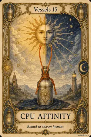 CPU AFFINITY — Proxmox Tarot card 37 of 100. Illustration: threads tying one bottle to particular sun-rays.