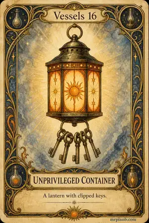 UNPRIVILEGED CONTAINER — Proxmox Tarot card 38 of 100. Illustration: a lantern carrying a ring of blunted keys.