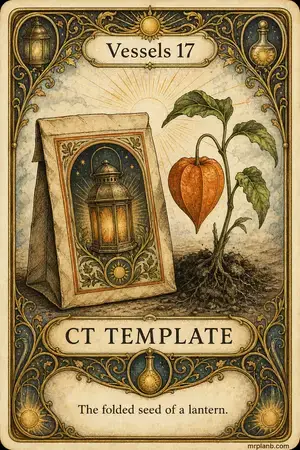 CT TEMPLATE — Proxmox Tarot card 39 of 100. Illustration: a seed packet printed with a lantern, one sprouted beside it.