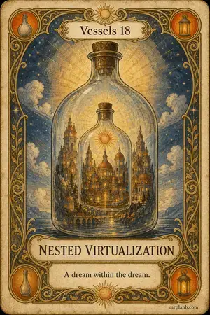 NESTED VIRTUALIZATION — Proxmox Tarot card 40 of 100. Illustration: a lit bottle standing inside a larger lit bottle.