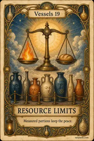 RESOURCE LIMITS — Proxmox Tarot card 41 of 100. Illustration: brass scales rationing flame among vessels.