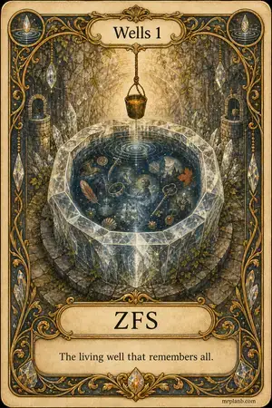 ZFS — Proxmox Tarot card 42 of 100. Illustration: a crystalline well whose water holds images.