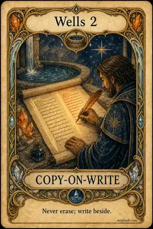 COPY-ON-WRITE — Proxmox Tarot card 43 of 100. Illustration: a scribe adding a line beside the old, never scratching out.