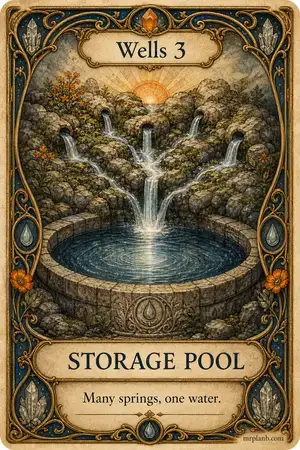 STORAGE POOL — Proxmox Tarot card 44 of 100. Illustration: several springs feeding one stone basin.