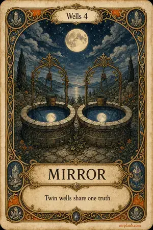 MIRROR — Proxmox Tarot card 45 of 100. Illustration: two wells reflecting the same moon.