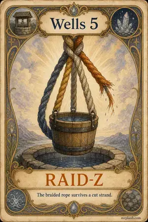 RAID-Z — Proxmox Tarot card 46 of 100. Illustration: a five-strand braided rope holding, one strand cut.